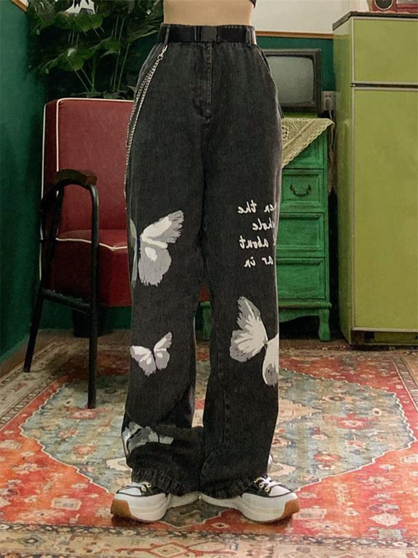 2000s Butterfly Print Relaxed Denim alternatif görünüm