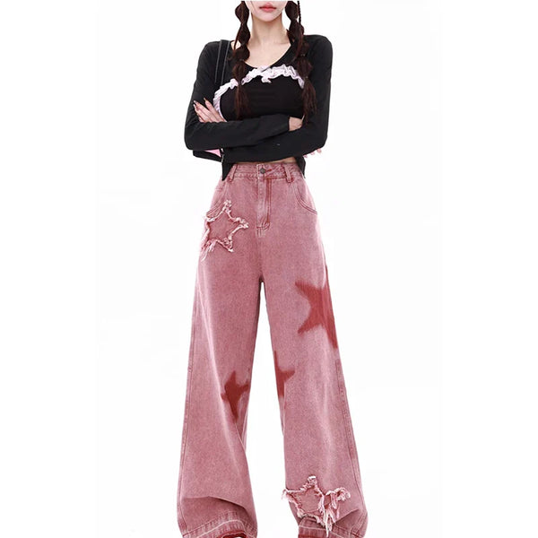Women Stellar Pink Letters Printed High Waisted Denim