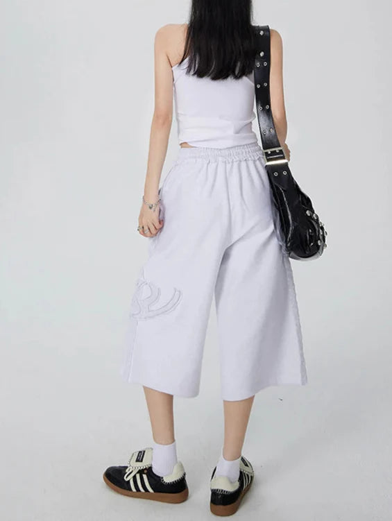 Women 2000s White Wide Leg Drawstring Denim Shorts alternatif görünüm
