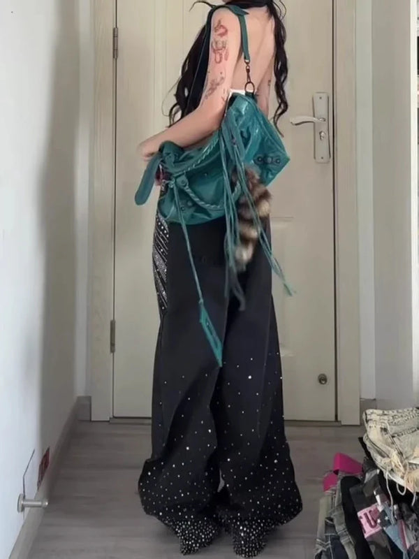High quality rhinestone wide fit Denim alternatif görünüm