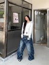 Blue Oversized Letter Print Bell Leg Denim
