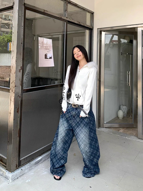 Blue Oversized Letter Print Bell Leg Denim alternatif görünüm