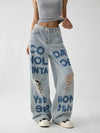 Western Style Oversized Torn Printed Blue Denim