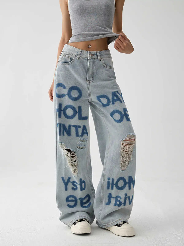 Western Style Oversized Torn Printed Blue Denim