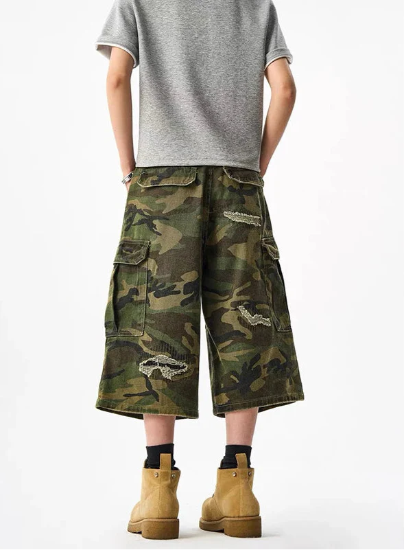 Heavy-Duty Metro Woodland Wide Leg Utility Denim Shorts alternatif görünüm