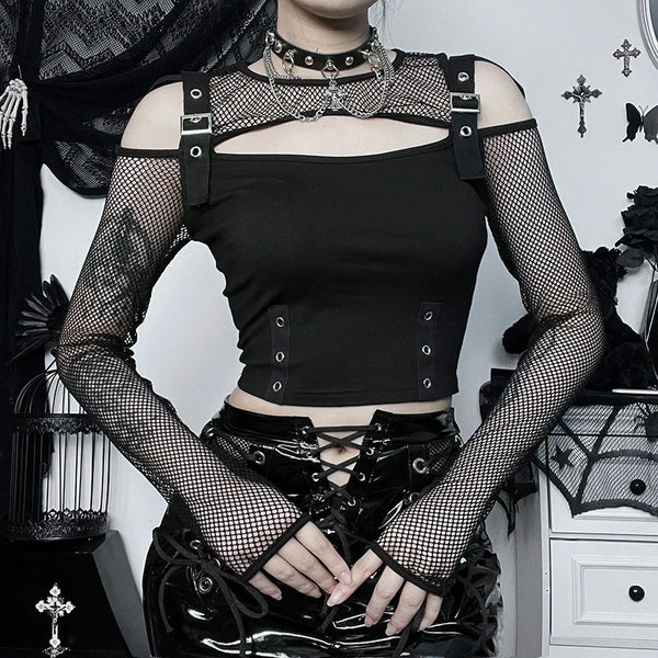 Midnight Shadow-Print Fishnet Fragment Underground T-Shirt