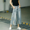 High-Rise Torn Capri Denim Shorts