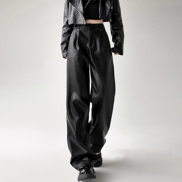 Retro Black Leather Wide-Leg