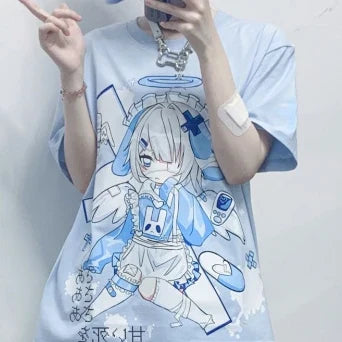 Cute Rising-Sun Cartoon Print Relaxed-Cut T-Shirt alternatif görünüm
