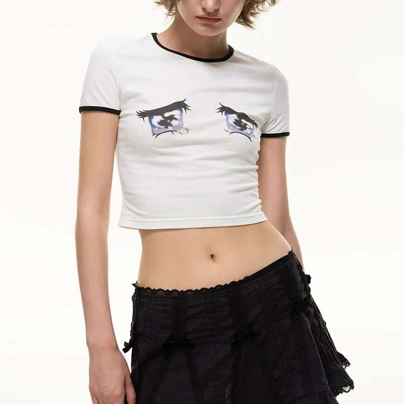 Watery Eyes Print Cartoon Cut-Short T-Shirt