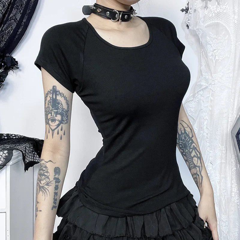 Noir Darkwave Sheer Mesh Backless T-Shirt