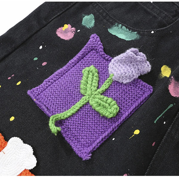 Heritage Botanical Knitted Pattern Denim Shorts alternatif görünüm