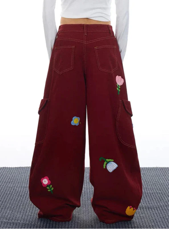 2000s Versatile 2000s Style Red Botanical Utility Denim alternatif görünüm