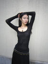 Yedinas Obsidian Black Sheer Long T-Shirt