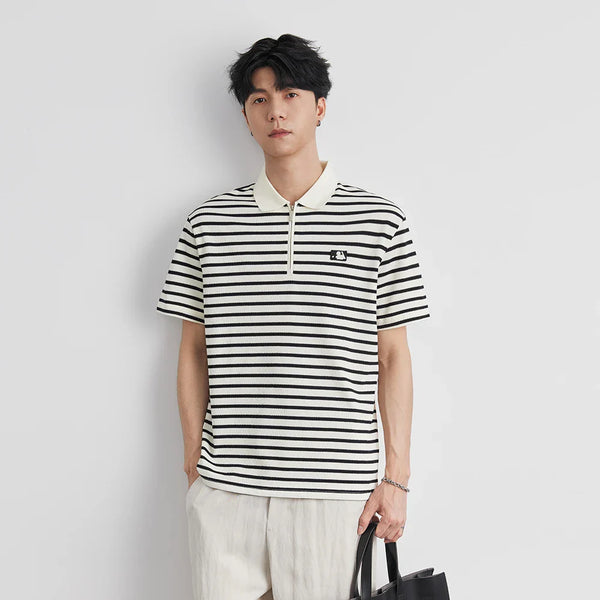 Men's Everyday Polished K-Wave Horizontal-Lines Sport-Collar T-Shirt alternatif görünüm