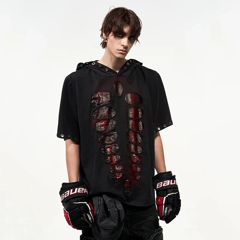 Hooded Sequins Color Contrast Insulated T-Shirt