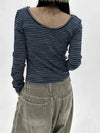 Bar-Print Long Sleeve U-Neck T-Shirt