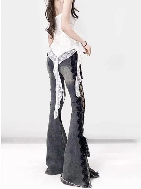 Women Heritage Tie-Up Bell Bottom Denim alternatif görünüm