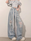 Women High-Rise Torn Tie Mosaic Denim