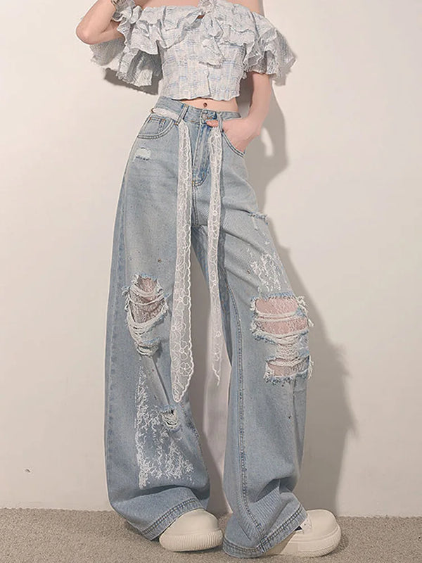 Women High-Rise Torn Tie Mosaic Denim alternatif görünüm