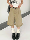 Sleek Khaki Ruffled High-Rise Denim Shorts