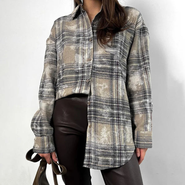 Trendy Plaid Casual Long Sleeve Blouse alternatif görünüm