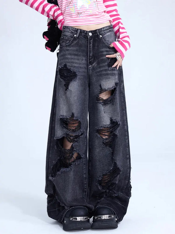 High-Rise Torn Hole Relaxed Denim alternatif görünüm