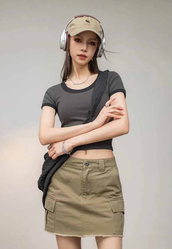 O-Neck Slim Color Contrasting T-Shirt alternatif görünüm