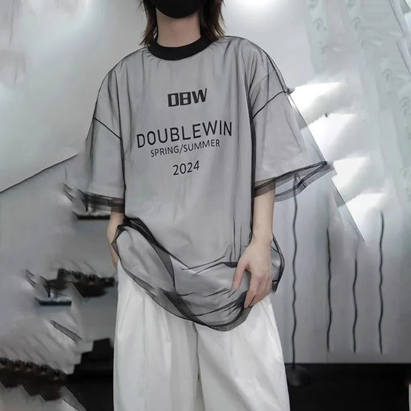 Sleeve Short Design Mesh Piece Investment T-Shirt