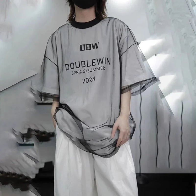 Sleeve Short Design Mesh Piece Investment T-Shirt