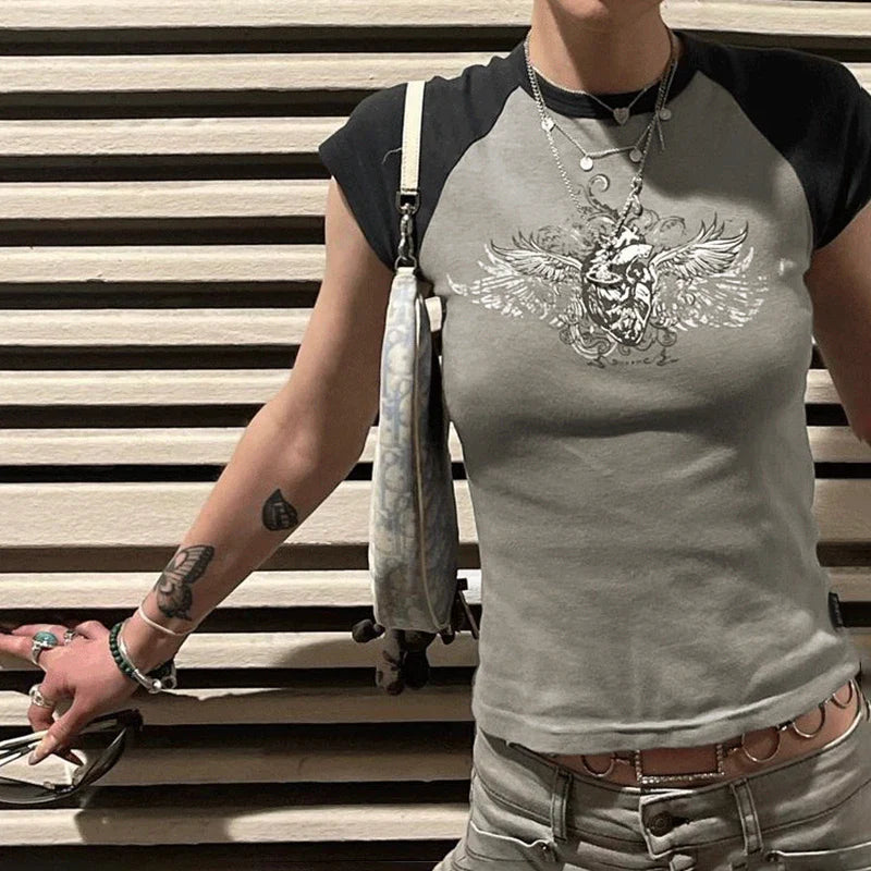 Turn-Of-Era Winged Ossuary Emblem Print T-Shirt