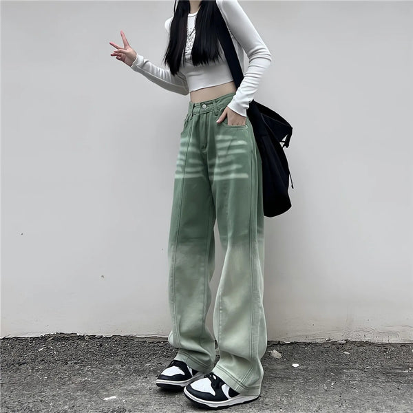Contrasting Green High-Rise Denim alternatif görünüm