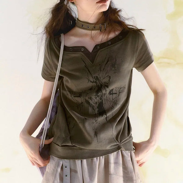 Aged Mosaic Raw-Edge Aesthetics Halter T-Shirt