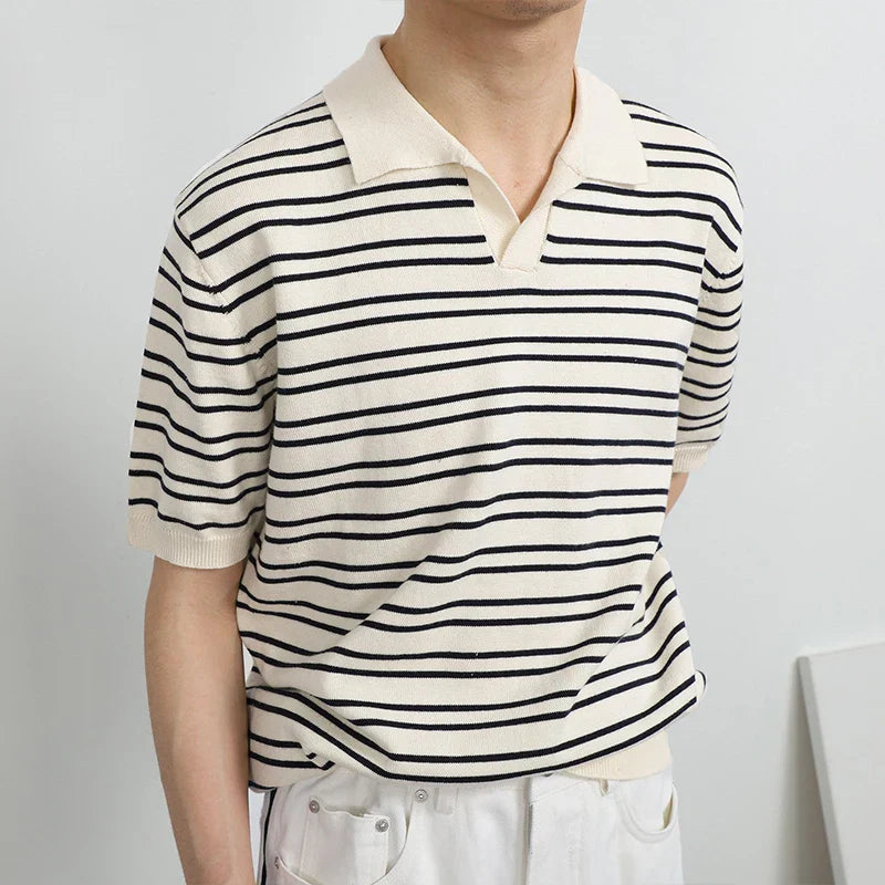 Men's Easy-Wear Prestige Knitted Bar-Print Collar-Knit T-Shirt