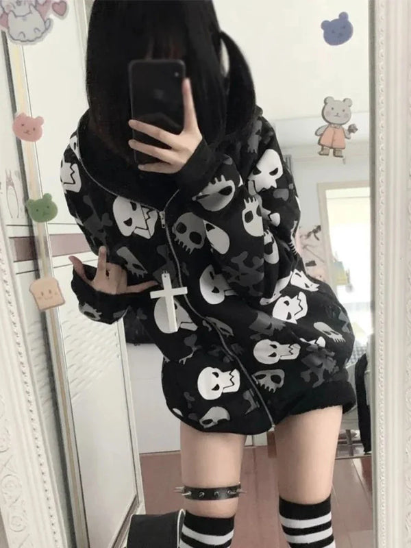 2000s Skull Print Sweatshirt alternatif görünüm