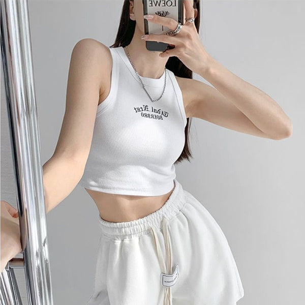 Knitted Letter Embroidery Midriff Tank Top alternatif görünüm