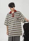 Time-Worn Multi-Stripe Spliced Lace-Up Collar-Knit T-Shirt