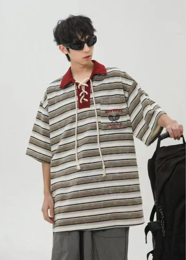 Time-Worn Multi-Stripe Spliced Lace-Up Collar-Knit T-Shirt alternatif görünüm