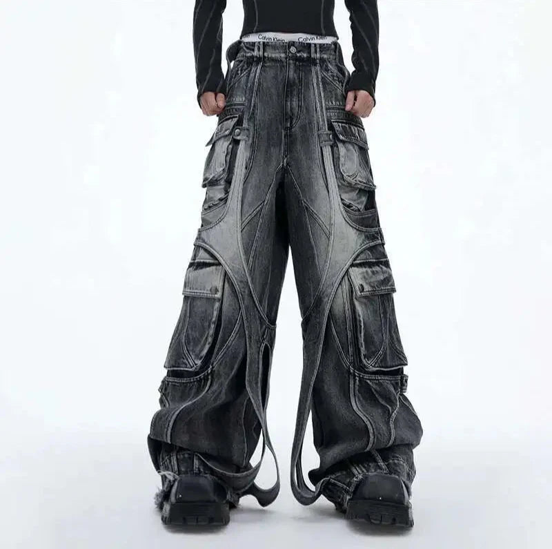 Mosaic Irregular Strap Bell Leg Relaxed Denim