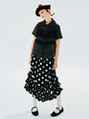 Dot Print Lapel Black Short Blouse