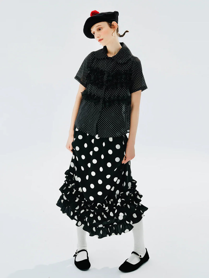 Dot Print Lapel Black Short Blouse