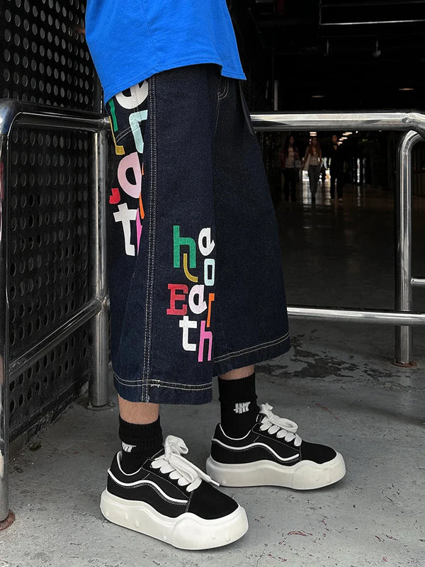 Stylish Fun Jumble Letters Cute Denim Shorts alternatif görünüm