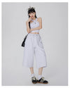 Women 2000s White Wide Leg Drawstring Denim Shorts
