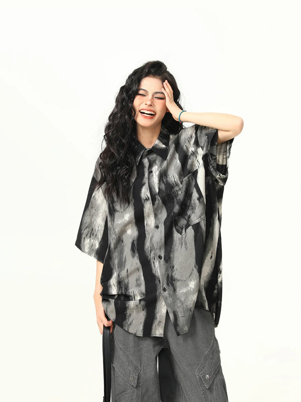 Tie-Dye Gradient Lapel Stylish Top alternatif görünüm