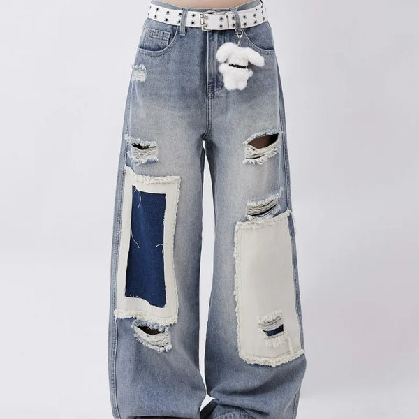 Oversized Patched Hole Denim High Denim alternatif görünüm