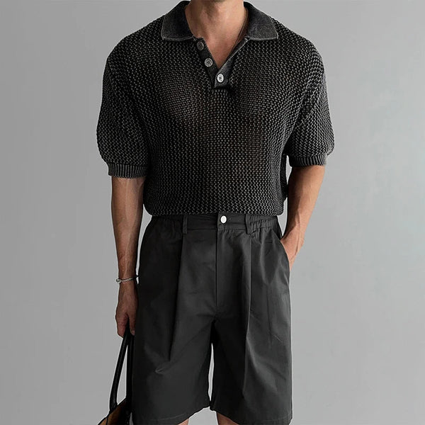 Laid-Back Relax High-End Hollow Out Style Collar-Knit T-Shirt alternatif görünüm