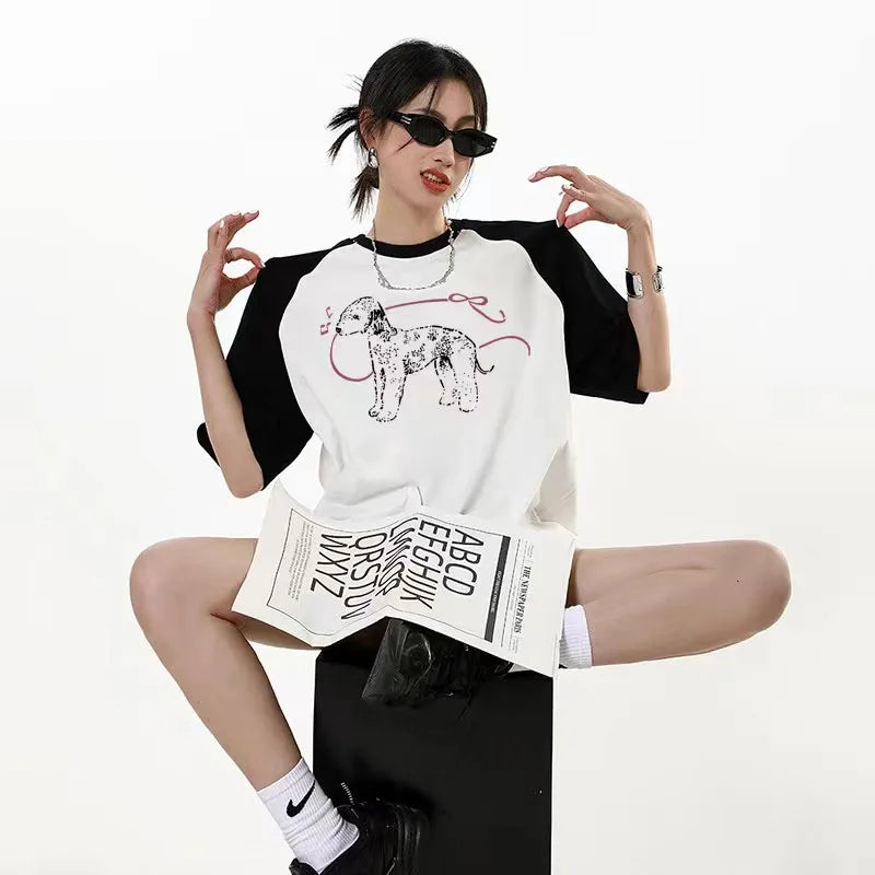 Washed-Out Relaxed-Cut Cartoon Print Round T-Shirt