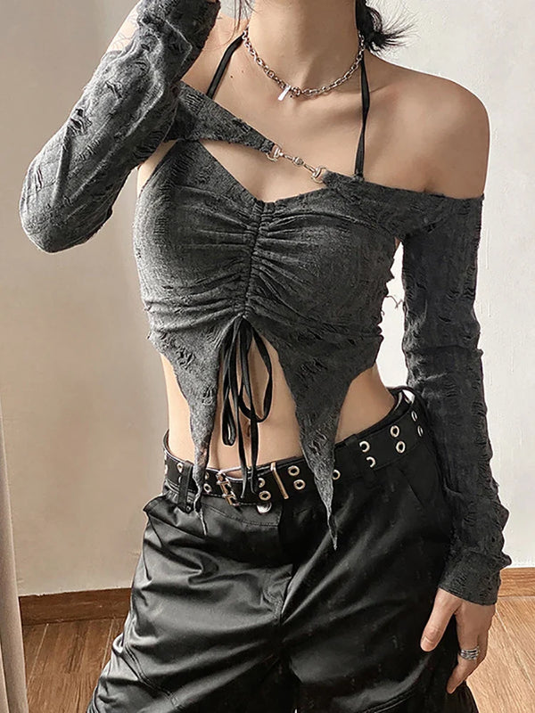 Time-Worn Shadow-Print Drawstring Fairy Camisole T-Shirt alternatif görünüm