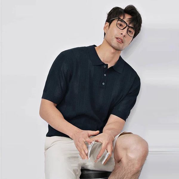 Men's High-End Knitted Laid-Back Business Sport-Collar T-Shirt alternatif görünüm