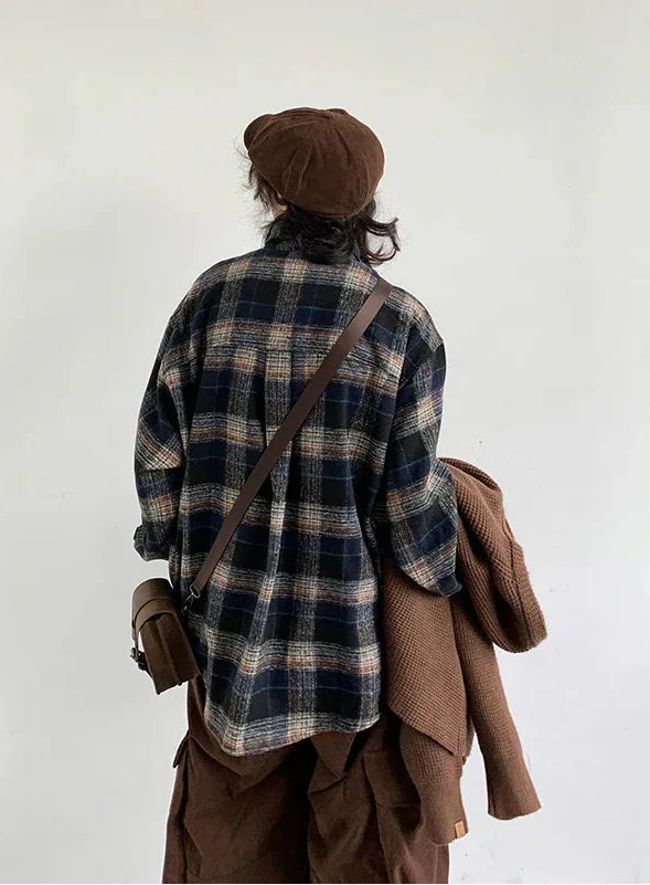 Wool Plaid Cozy Y2K Long Sleeve Top alternatif görünüm